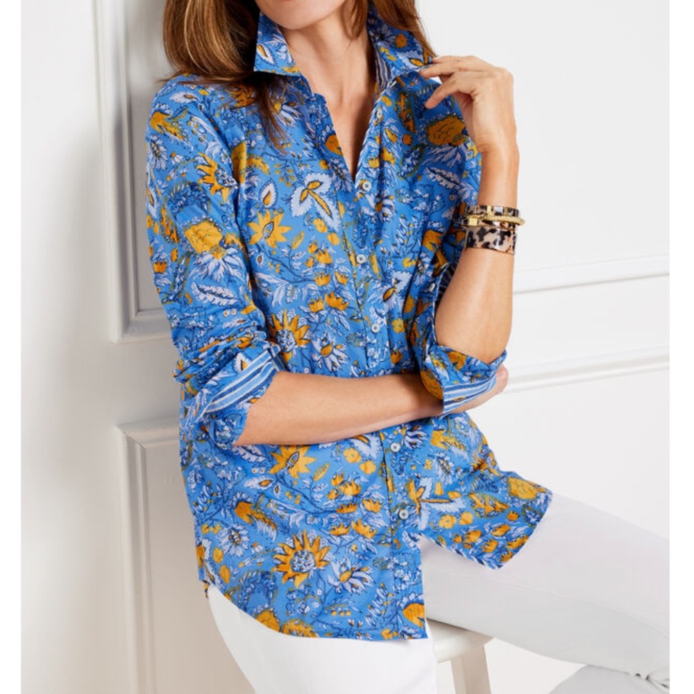 Talbots Plus Floral Blue and Yellow Button-Up Shirt 2X